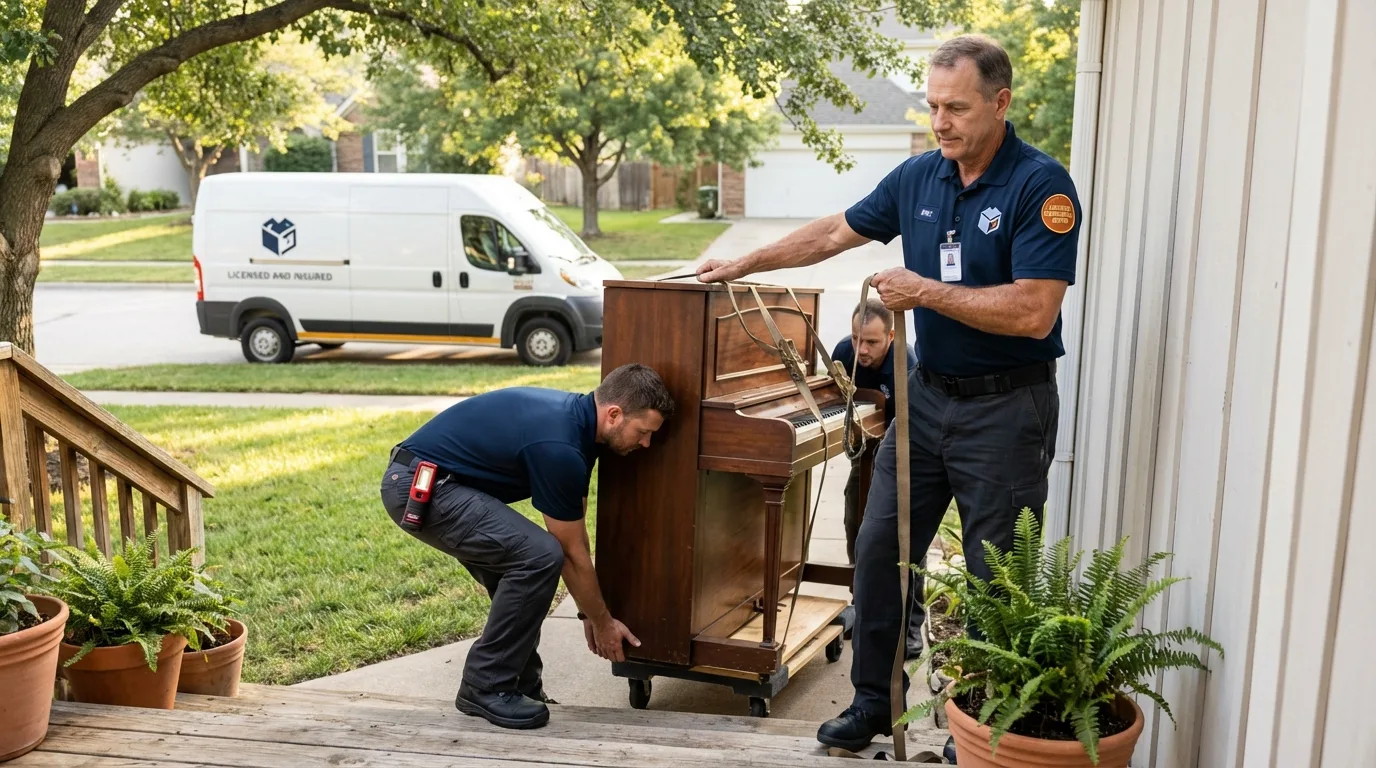 Licensed piano movers securing grand piano in Anacortes, WA