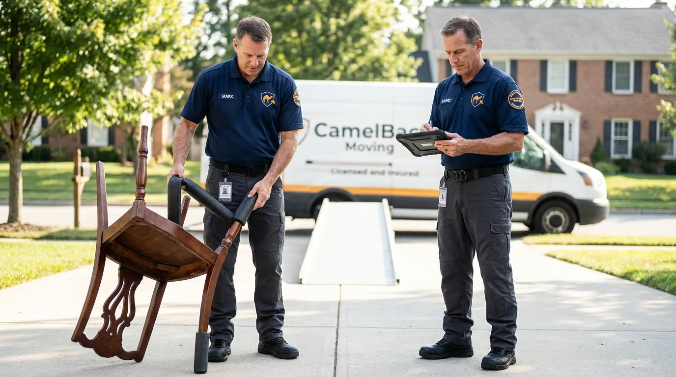Movers inspecting furniture for damage prevention before loading in Anacortes, WA