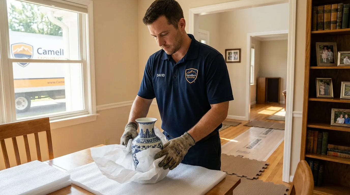 Professional crew carefully wrapping antique vase for senior downsizing move in Anacortes, WA