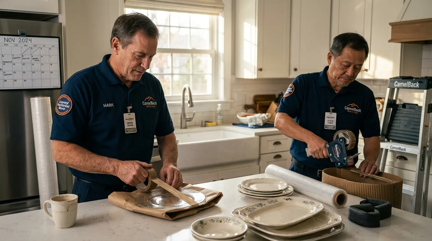 Professional crew packing kitchen dishware in Anacortes, WA